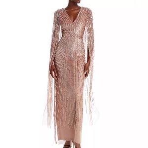 Adrianna Papell NWT Rose Gold Beaded Cape Long Dress